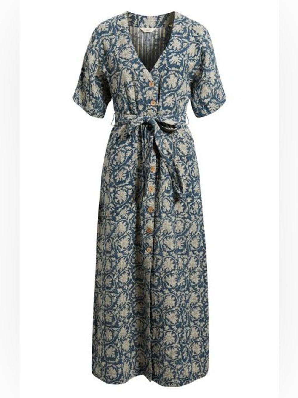 Faherty Navy and Ivory Floral Button-Front Maxi Dress with Tie Waist